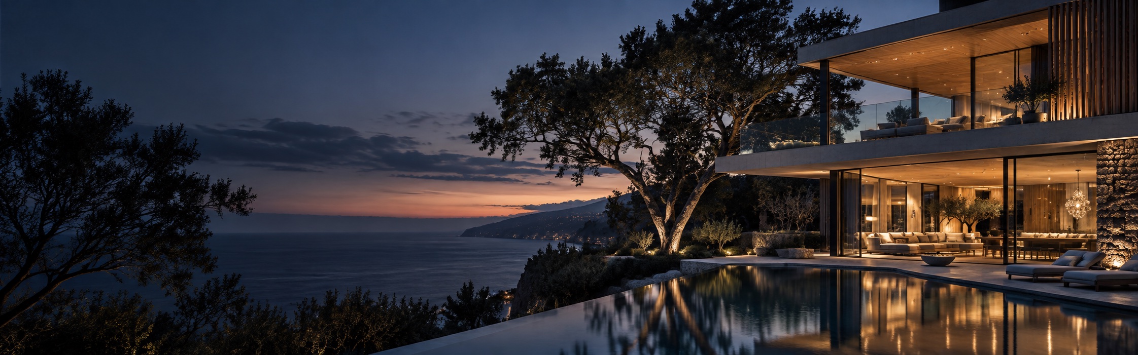 Contemporary coastal residence illuminated at dusk