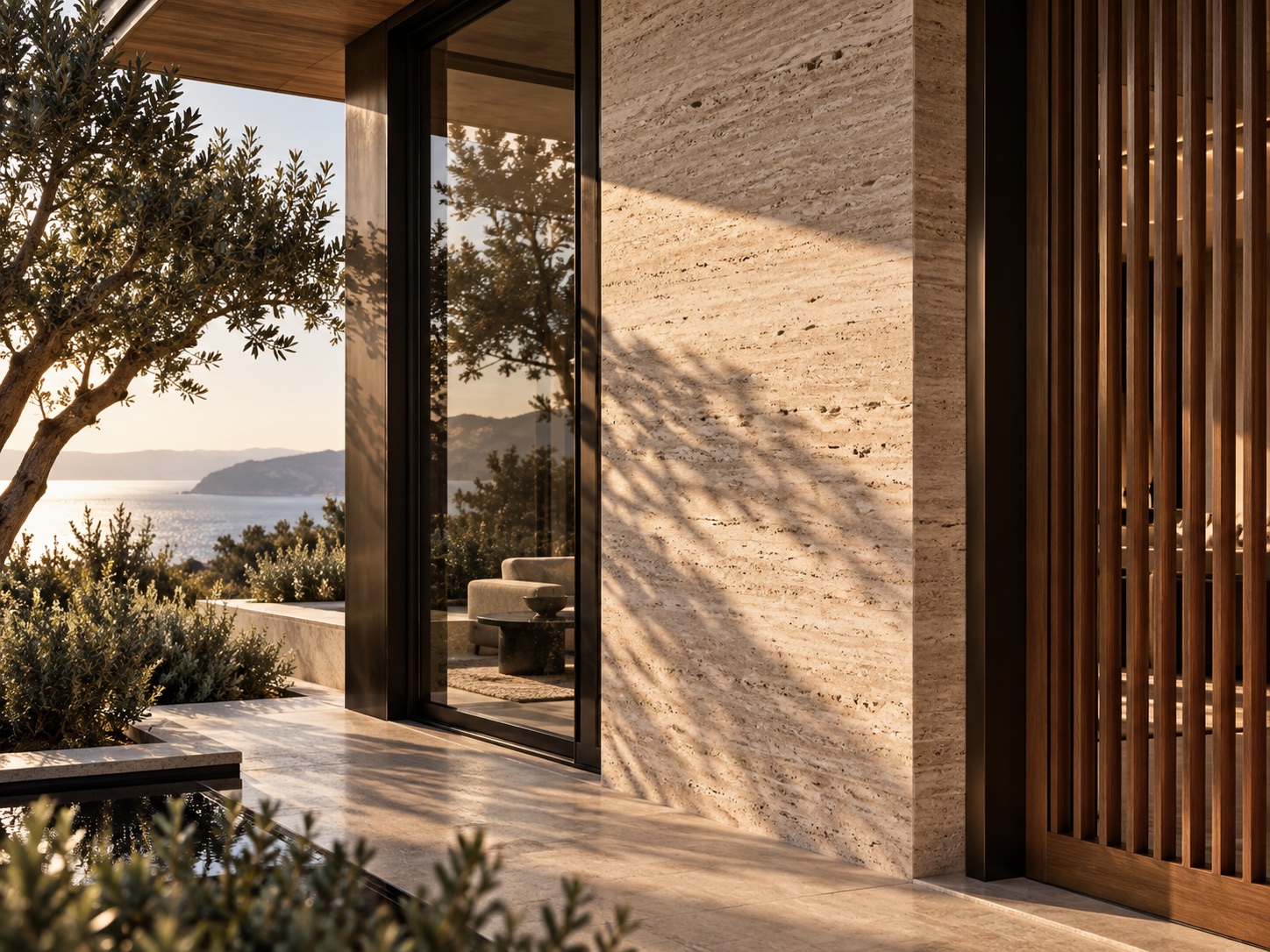 Travertine bronze and timber material detail